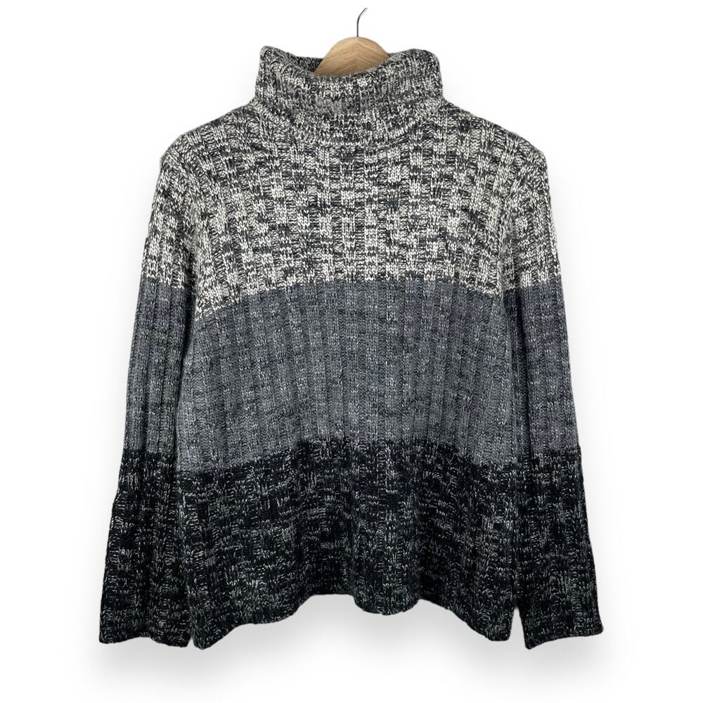 90s VTG Turtleneck Sweater Womens L Gray Striped Colorblock Chunky Knit Pullover